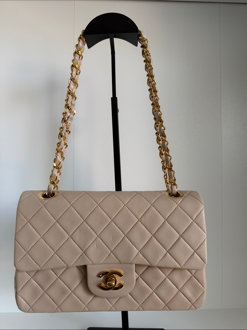 CHANEL small double flap bag in Beige with 24k plated Gold Hardware.
